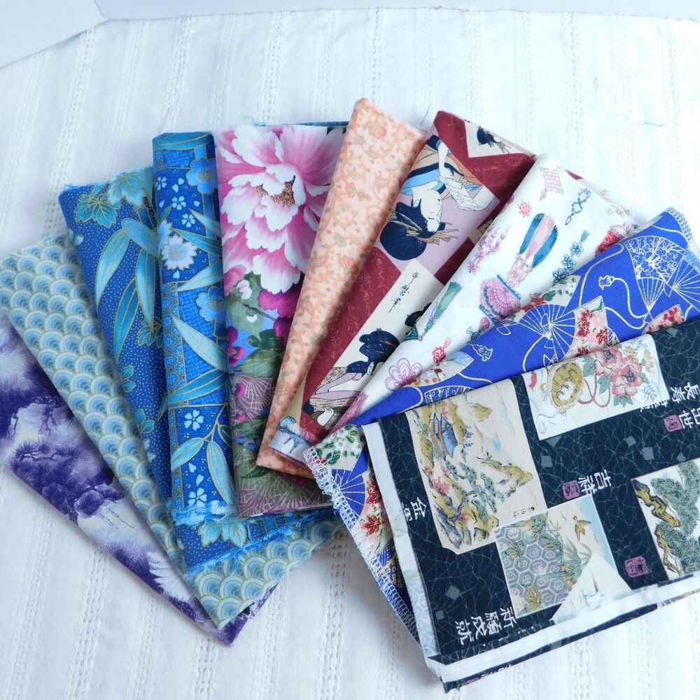 Asian Inspired Vintage Cotton Quilting Fabric Cranes Fans Blossoms Bamboo 10 Pcs